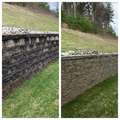 stone wall pressure washing before and after photos